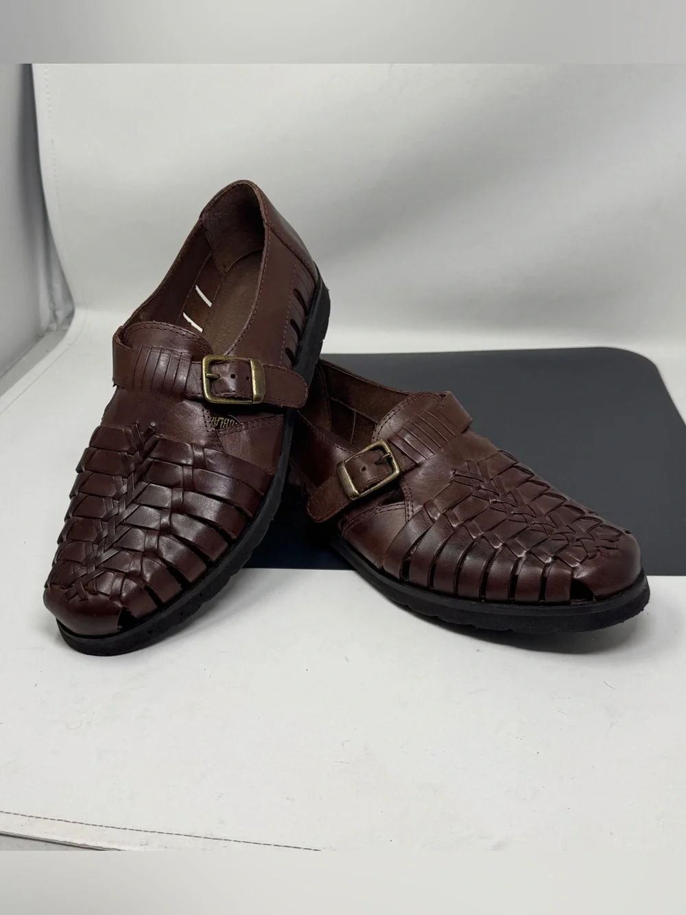 GEORGIO BRUTINI Men 8 M Dress Shoe Loafer Brown Woven Leather Casual Work Buckle